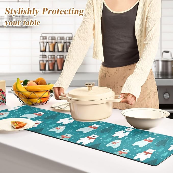 2-in-1 Table Runner Trivet for Hot Dishes Heat Resistant Hot Plate Mat Pad 39x12 Inch Waterproof Table Protector Trivets for Countertop Non Slip Decorative Winter Bears Trees Snowflake Teal