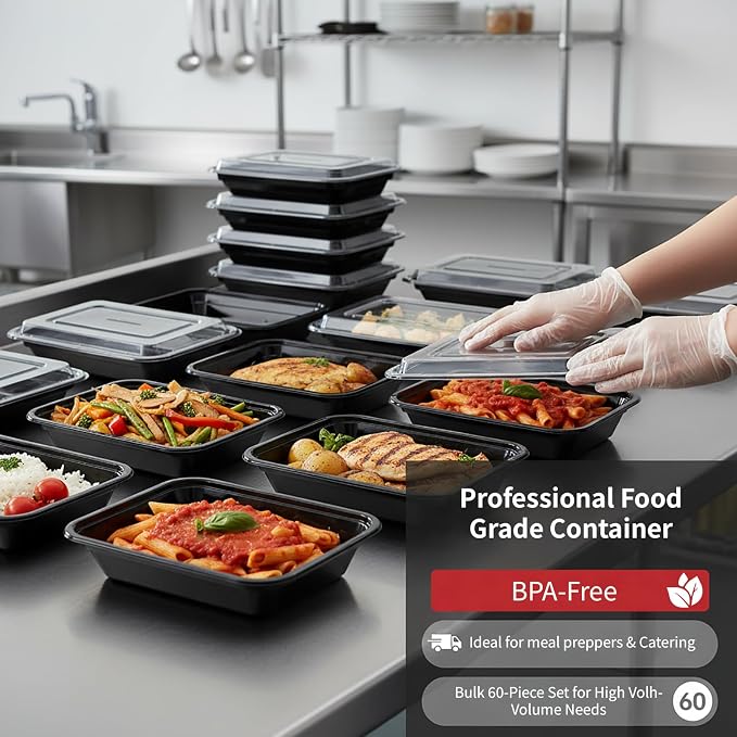 60 Pack Meal Prep Containers with Lids,28 oz,Reusable,To Go | Take Out,Food Storage,Disposable Plastic Lunch Boxes,Sturdy,Freezer,Microwave,Dishwasher Safe,Stackable,Leak-proof