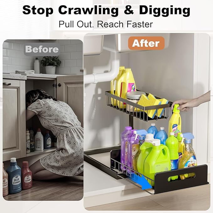 REALINN Under Sink Organizer, Pull Out Cabinet Storage 2 Tier Slide Out Sink Shelf, Kitchen Organizers and Storage, Black, 1 Pack