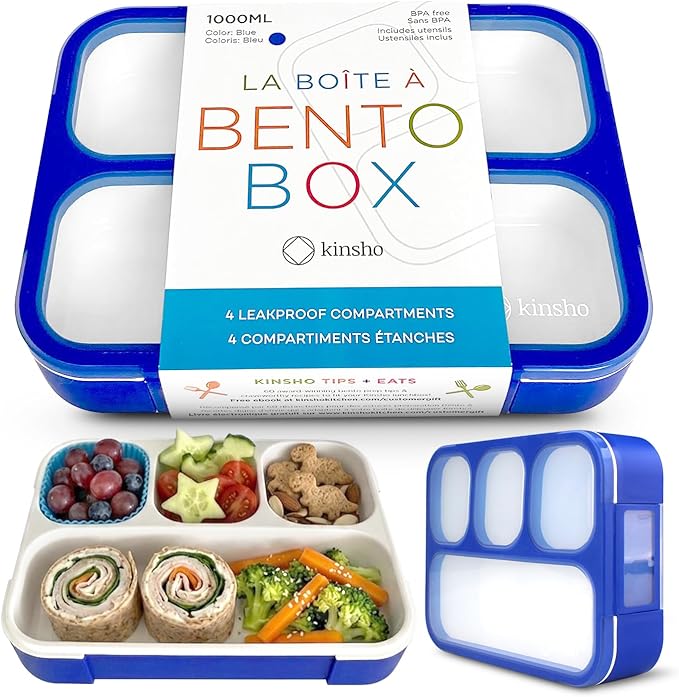 kinsho Bento Lunch Box for Kids Boys Adults, Portion Control Meal Container with 4 Divided Compartments, BPA Free Snackle Snack Food Container for School Work Travel, Utensils, Blue