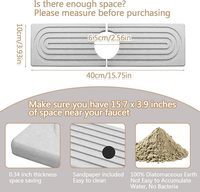 Jiozermi 15.8 Inch Diatomite Faucet Mat for Kitchen Sink, Diatomite Stone Sink Tray Faucet Sink Splash Guard Sink Faucet Absorbent Mat for Kitchen Bathroom Fucet Sink(15.8" x 3.9",Light Grey)