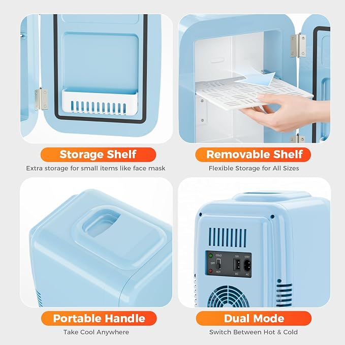 Mini Fridge for Bedroom - 4 Liter/6 Can Mini Makeup Fridge, 110V AC/ 12V DC Portable Thermoelectric Cooler&Warmer for Skincare, Drink, Cosmetic, Medicine, Small fridge for Bedroom, Office, Dorm, Car