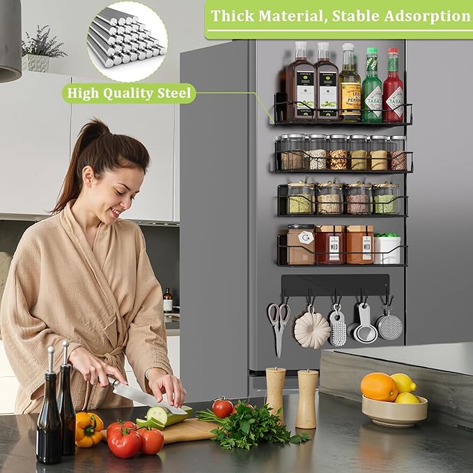 Magnetic Spice Rack for Refrigerator, 5 Pack Metal Strong Magnet Spice Organizer Shelves with Hook Rack, Space Saving Magnetic Fridge Shelf for Home Kitchen Organization and Storage (Black)