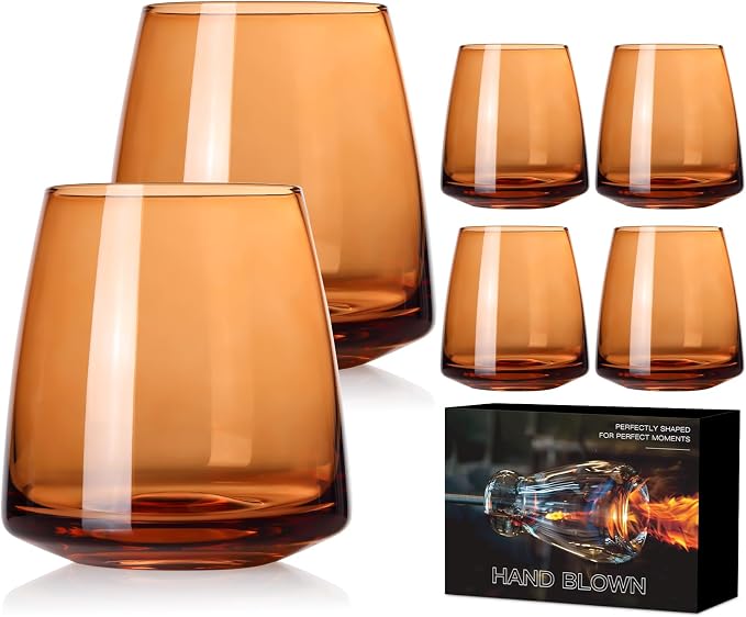 Brown Stemless Wine Glasses Set 6-Colorful Wine Glasses Stemless for Wine water,whiskies, juices, cocktails,Unique Gifts for Mother day Birthday Wedding Party