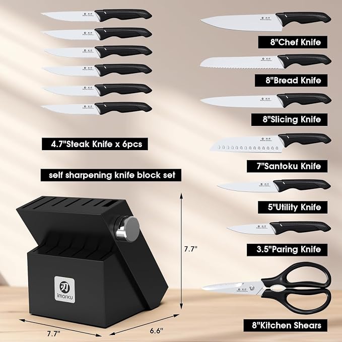 imarku Knife Set with Block, Sharp Knives Set with Built-in Sharpener, Stainless Steel Kitchen Knife Sets with Non-Slip Ergonomic Handle, Dishwasher Safe, 14 PCS Professional Knife Set for Gift, Black