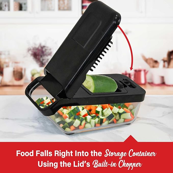 Brentwood All-in-One Food & Vegetable Chopper, Mandoline Slicer, and Cheese Grater with 4.25-Cup Storage Container and 8 Interchangeable Stainless Steel Blades (Black)