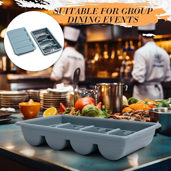 Maxdot 4 Pcs 20.5 x 11.9 x 3.7 Inch Silverware Organizer with Lid, Commercial 4-compartment Restaurant Kitchen Cutlery Tray, Plastic Silverware Storage Container, Condiments Holder (Grayish Blue)