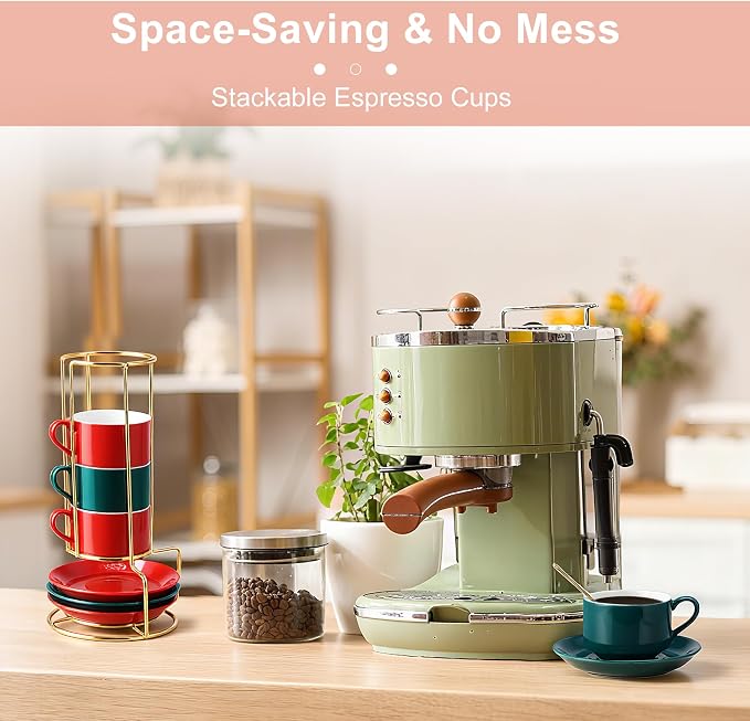 3 Ounce Espresso Cups Set of 4, Stackable Demitasse Mugs, Includes Display Stand, Cups Saucers & Spoons, for Machines & Home Use, Red Green Gold Tone