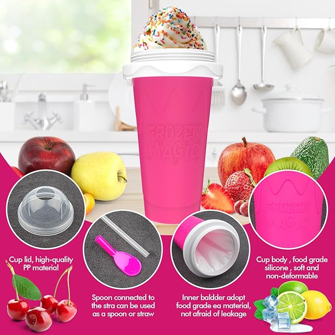 2PCS Slushie Maker Cup, Quick Frozen Magic Cups for Homemade Milk Shake Ice Cream Maker, Double Layer Squeeze Slushy Maker Cup, Birthday Gifts for Mother Father,Kids,Friends,Family (Pink+Green, 350ML)
