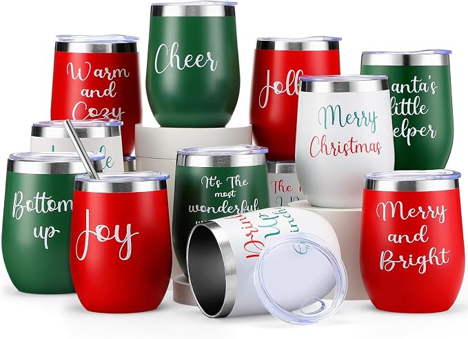 Ziliny 12 Pcs Christmas Wine Tumbler Set, 12 Oz Stainless Steel Double Wall Vacuum Insulated Coffee Mug Stemless Xmas Wine Glasses With Lid Straw Brushes for Women Friends Men Travel Gifts (Texts)