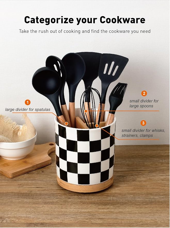 LoeJan 3 Compartment Utensil Holder, Extra Large Utensil Crock, Stable Ceramic Utensil Organizer, Cooking Tool Organizer Set for Kitchen Counter Farmhouse Decor (G-Black(Square))