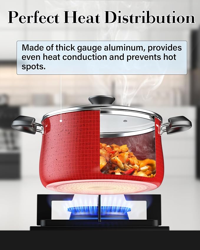 Cook N Home Professional Pots and Pans Nonstick Cookware Set, Belly Shape Kitchen Cooking Set with Frying Pans and Saucepans, Induction Compatible, 10-Piece, Red