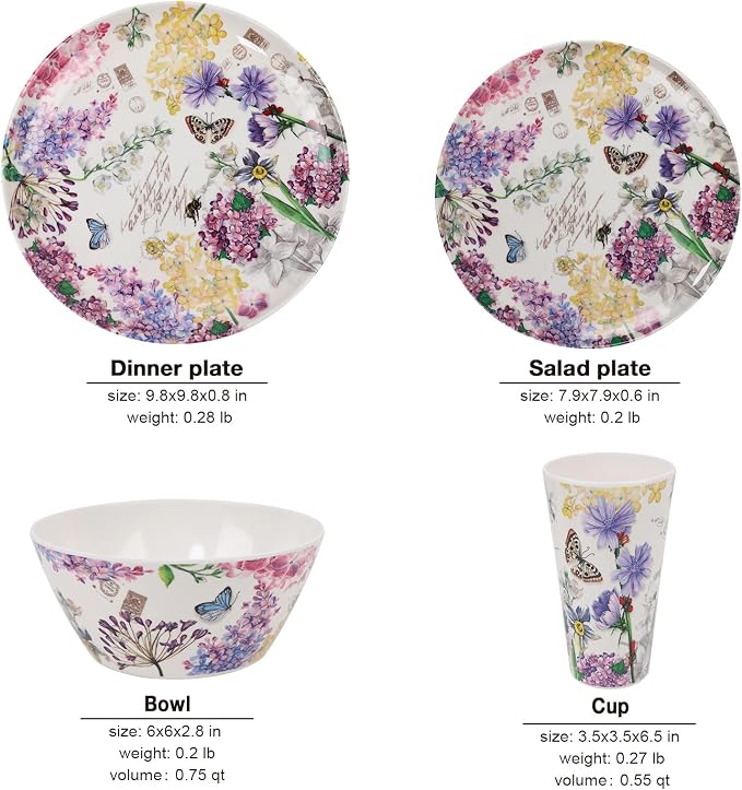 Melamine Dinnerware Set for 4-16 Pcs:Camping Dishes Set with Dinner Plates,Salad Plates,Cups and Bowls.Lightweight and Unbreakable.Indoor and Outdoor Use.