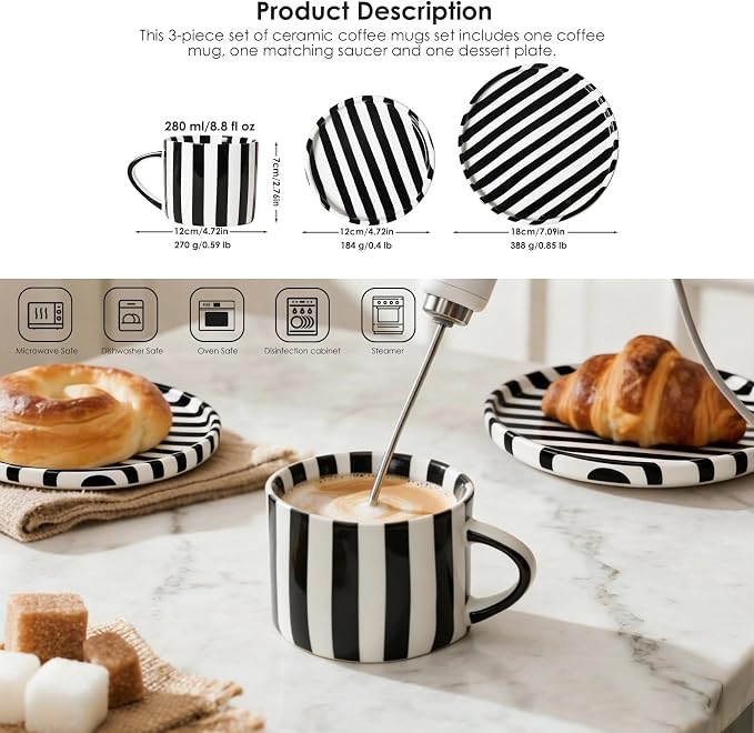 Ceramic Coffee Mug Set with Plates, 3-Piece Black Striped Mug Coffee Mug Ceramic Tea Cups and Saucers & Dessert Plate, Unique Coffee Mugs, M/W, D/W & Fridge Safe, Gift for Women, Coffee Lover Gifts
