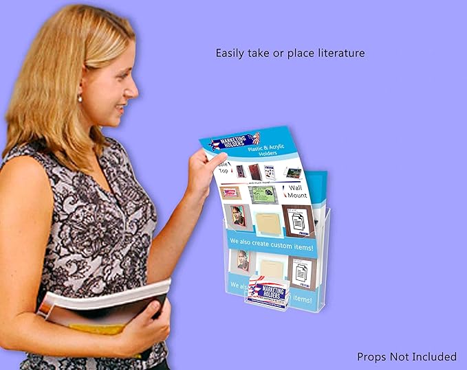 Marketing Holders 4 Pack Brochure Holder for 8.5" Wide Flyers and 3.5" x 2" Gift Cards Clear Acrylic Wall Mount Display Rack for Office Magazines and Catalogs Hanging Hardware Included