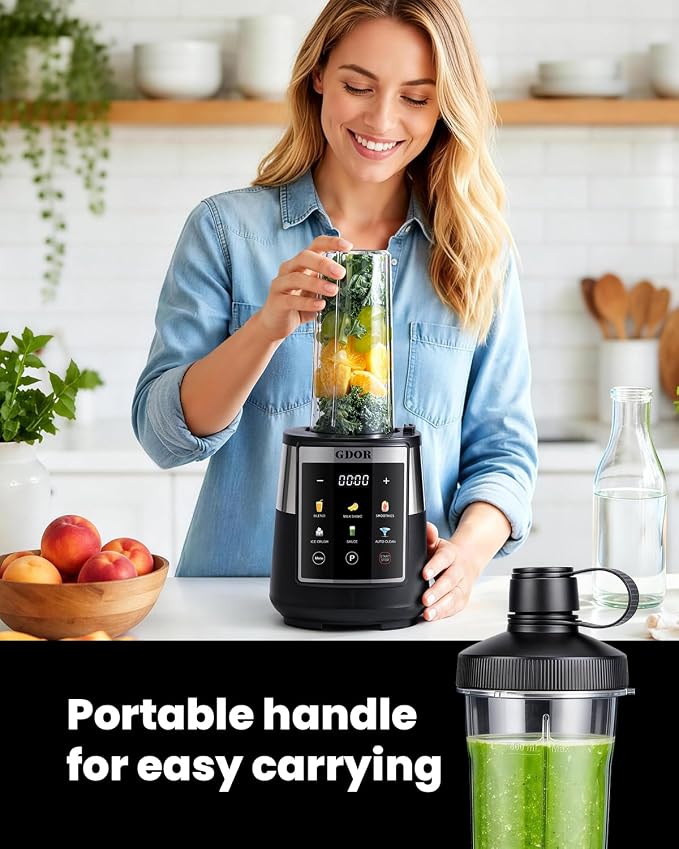 GDOR Professional Blender with 6 Preset Programs, 1300W Smoothie Blender for Ice Crushing & Frozen Fruit, 67 Oz Glass Pitcher & 22 Oz To-Go Cup Combo, Smart Smoothie Maker, Self-Cleaning