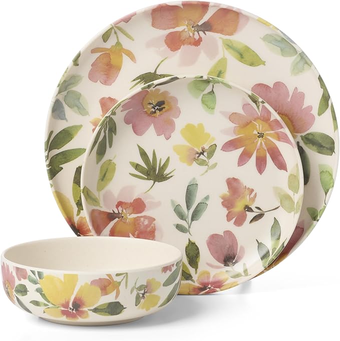 Oneida 24 Seven Melamine Collection, Dishwasher Safe Melamine Dinnerware and Drinkware, Floral Pattern, Dinnerware Set, 12-Piece