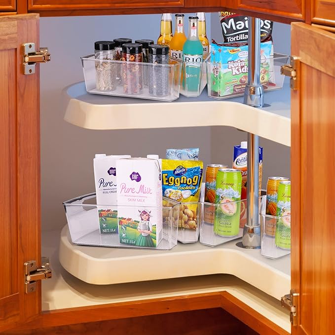 URALFA Lazy Susan Organizers Set of 4, 10"x 9.5"x 4" Corner Cabinet Organizer, Plastic Transparent Kitchen Cabinet Storage Bins with Handle, 4" Deep Container, 1/8 Wedge - Food Safe, BPA Free