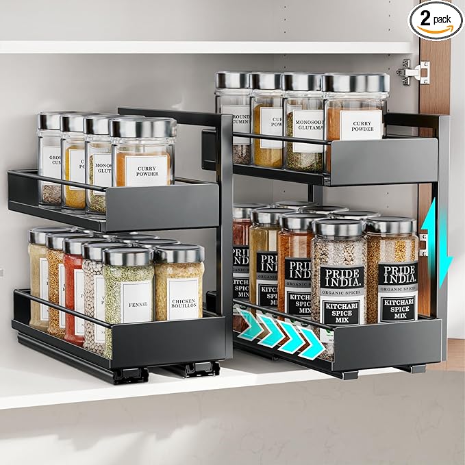 iSPECLE Pull Out Spice Rack - 2 Pack Peel and Stick No-Drill Vertical Spice Racks for Inside Cabinet Easy Access No Digging, Adjustable Height for 4oz to 8oz Spice Jars, For Kitchen Pantry Cabinet