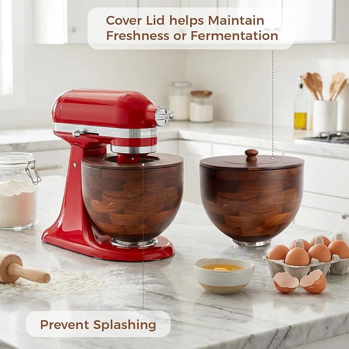 Wood Mixing Bowl Compatible with KitchenAid 4.5-5 Qt Tilt-Head Stand Mixer. | Natural True Acacia Wooden Bowls with Lid Cover, 5 Quart Kitchen Aid Bowls for Mixer with Stainless Steel Locking Base.