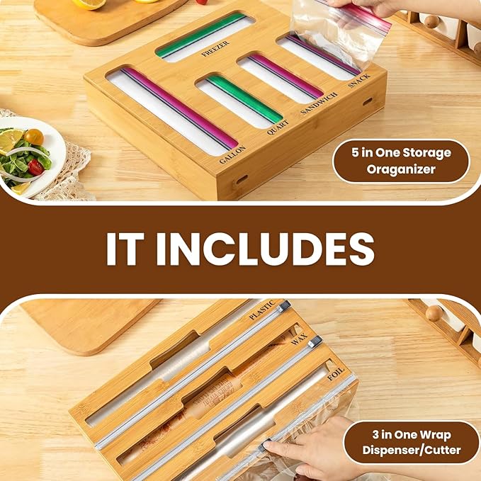 9-in-1 Bamboo Kitchen Drawer Organizer - Storage Bag Holder with Built-In Foil & Wrap Cutter Dispenser - Wooden Food Storage Bag Organizer for Gallon, Quart, Sandwich and Snack Sizes