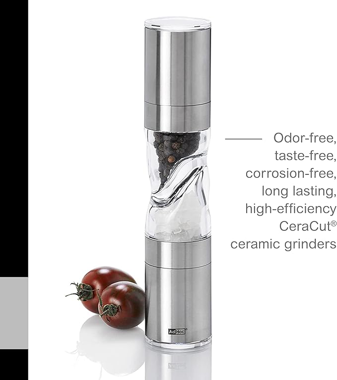 AdHoc Duomill Pure Salt and Pepper Combo Mill - Stainless Steel Salt & Pepper Mill - Handy Salt & Pepper Grinder - Stainless Steel