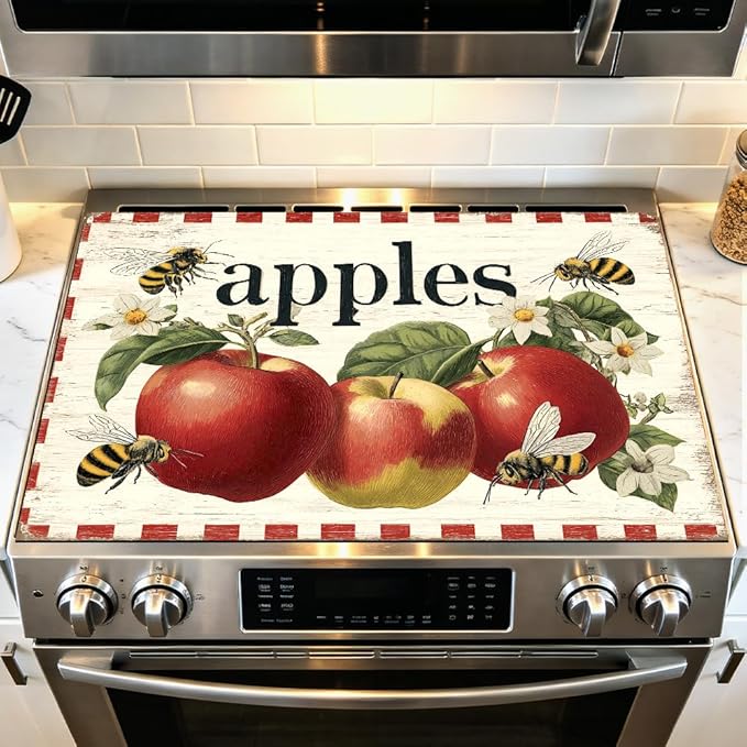 Stove Top Cover for Electric Stove 28.4 x 20.5 Inch Non Slip Stove Mat Oil Proof Apples Bees Glass Cooktop Protector Kitchen Mat
