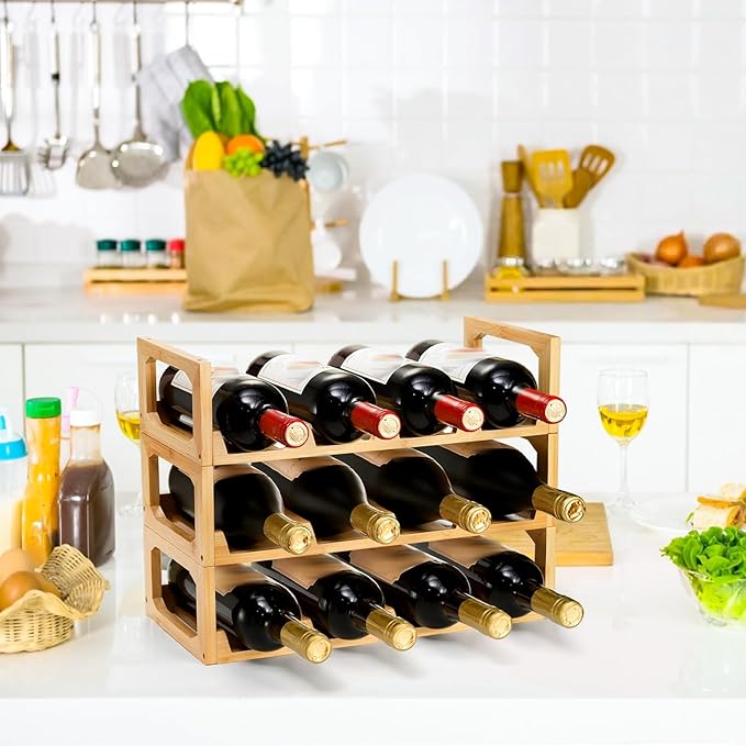 Pumtus 3 Tier Bamboo Water Bottle Organizer, Stackable Bottle Storage Rack, Tumbler Shelf Organizer, Wine Bottle Holder, Drinking Cup Display Rack for Cabinet Kitchen Cupboard, Hold 12 Bottles