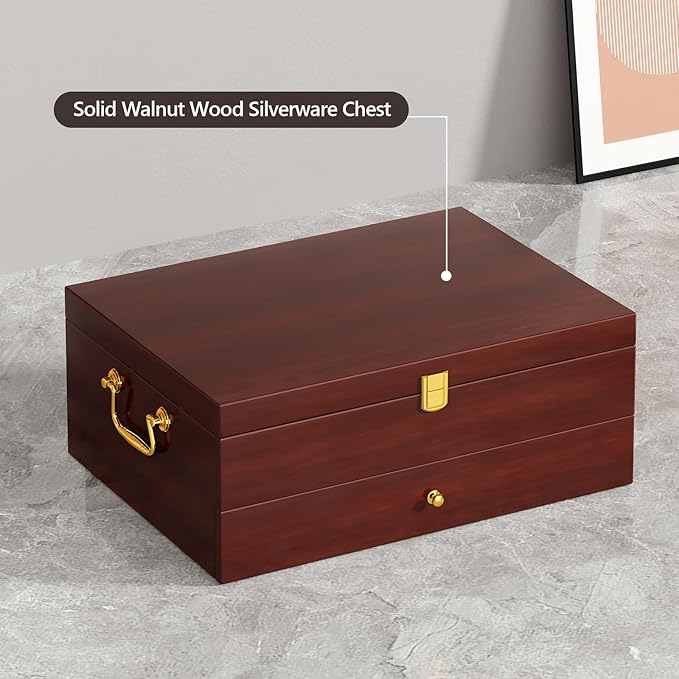 Solid Walnut Silverware Storage Box, 2-Layer Silverware Chest with Drawer, Flatware Case with Lid and Felt Lined, Wood Flatware Storage Box Holds 12-16 Sets of Utensils, Wedding Housewarming Gifts
