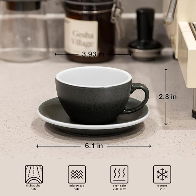 Loveramics Matt Cappuccino Cup, 8 oz Ceramic Latte Art Mug with Saucer, Thick-walled stoneware cup Set, Barista Latte Cup Set for Latte, Cappuccino, Tea - Mineral Colors (Anthracite, 8OZ)