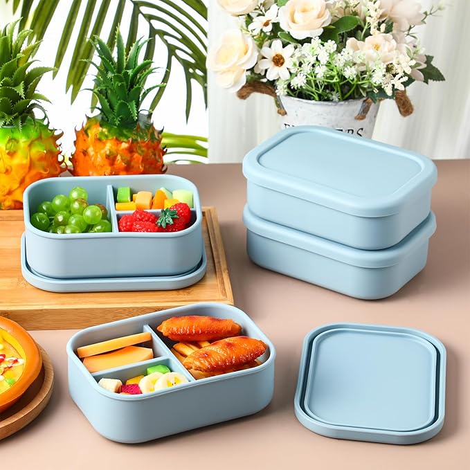 Honeydak 4 Pcs Silicone Bento Box for Adults, 3 Compartment Lunchable Food Container for Women Men, Leak Proof Microwave Dishwasher Freezer Safe (Blue)