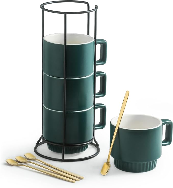 Miamolo Stackable Coffee Mugs Set of 4 with Holder Spoons 11oz Ceramic Cappuccino Cups for Espresso Latte Tea Drinks, Father's Day,Dishwasher & Microwave Safe, Green