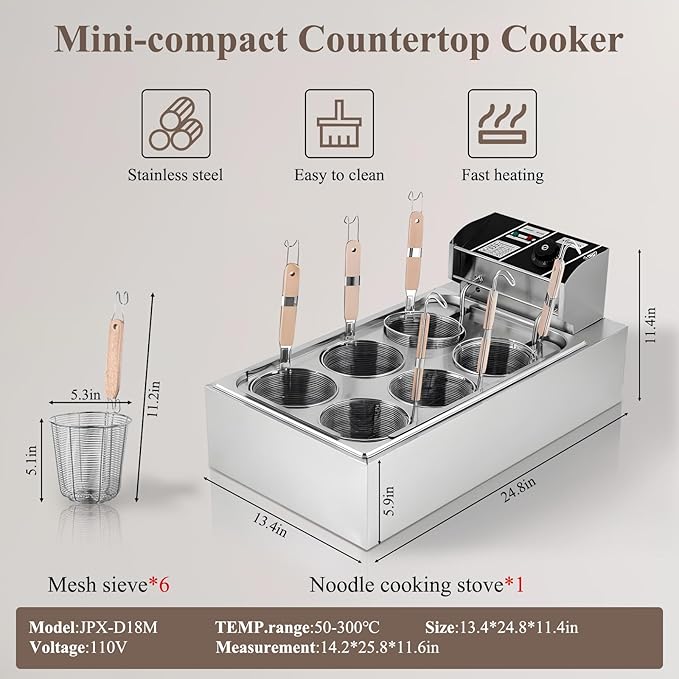 Commercial Electric Pasta Cooker with 6 Baskets, Stainless Steel, 50-300℃ Temperature Control, 110V Noodle Cooking Machine for Restaurant.