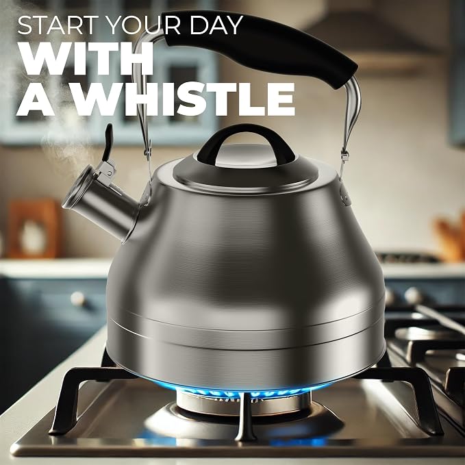 Stovetop Whistling Tea Kettle 2.4 QT / 2.3L, Stainless Steel Water Kettle for Induction, Gas & Electric Stoves, Fast Boiling Tea Kettle with Loud Whistle, Cool Touch Handle, Wide Lid, Satin, Silver
