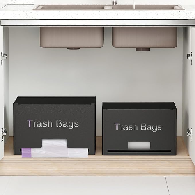 STWWO 2-Pack Trash Bag Holder Dispenser, Stackable Garbage Bag Dispenser, Extra Large Trash Organizer for Kitchen Laundry Under Sink, Wall Mounted or Freestanding, Metal Black