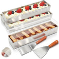 Blushtier 4 Pcs Nonstick Rectangle Tiramisu Cake Pan with Acrylic Lid and 2 Metal Spatula Removable Frame 304 Stainless Steel Cake Baking Molds for Tiramisu Cheesecake Mousse (15.75x3.94x2.56 Inch)
