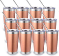 Volhoply 20oz Stainless Steel Tumbler with Lid and Straw Bulk 12 Pack,Double Wall Insulated Travel Iced Coffee Mug Fits Cup Holder,Powder Coated Cups for Cold Drinks,Christmas Gifts（Rose Gold,12 Set）