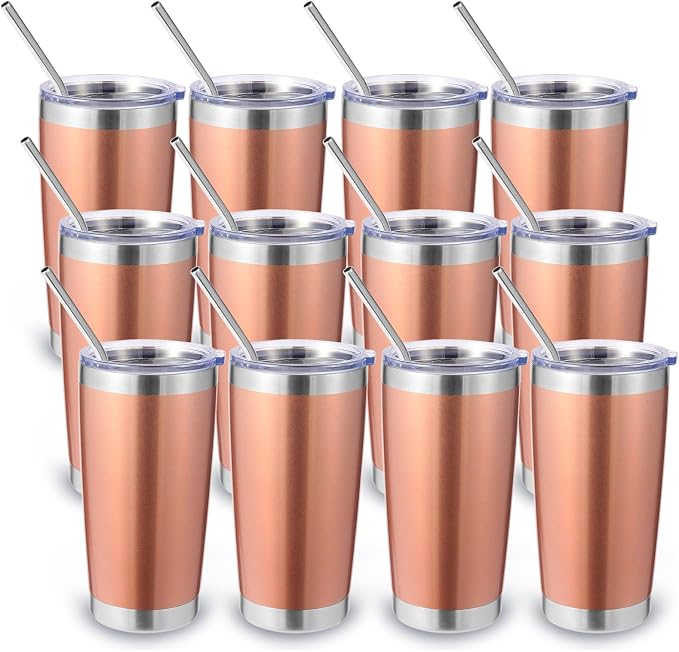 Volhoply 20oz Stainless Steel Tumbler with Lid and Straw Bulk 12 Pack,Double Wall Insulated Travel Iced Coffee Mug Fits Cup Holder,Powder Coated Cups for Cold Drinks,Christmas Gifts（Rose Gold,12 Set）