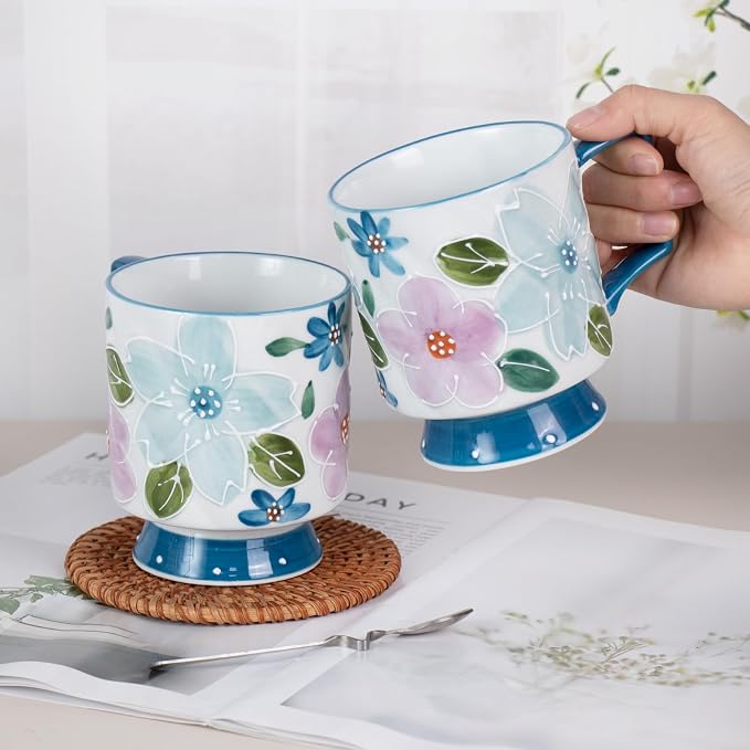 KAMMAK Ceramic Blue Coffee Mug, 15oz Large Mugs Set of 2, Novelty Cup for Tea, Juice, Milk, Cute Porcelain Water Cups with Handle for Women, Dishwasher and Microwave Safe