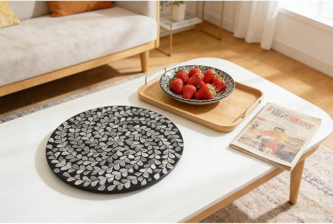 13.4" Mother of Pearl Lazy Susan, 360 Degrees Rotating Table Turntable Organizer Round Wood Spinning Tray for Countertop Table Cabinet Living Room Kitchen Office Home Decor (Black Willow)