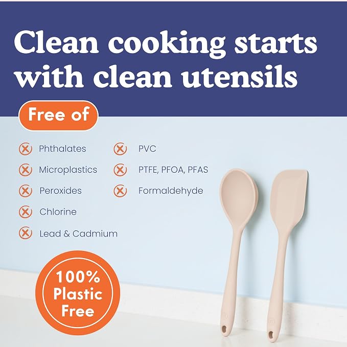 NonToxic Platinum Silicone Utensils, 100% Plastic-Free, 2-Pcs, Beige | LFGB-certified platinum silicone. Solid steel core, no hidden plastics. 500°F heat resistant. Non-scratch. Dishwasher safe