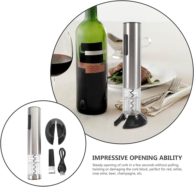 Lurrose Automatic Electric Wine Opener Rechargeable Stainless Steel Corkscrew with Vacuum Stopper and USB Charging Cable Practical Lightweight Wine Bottle Opener for Home Party and