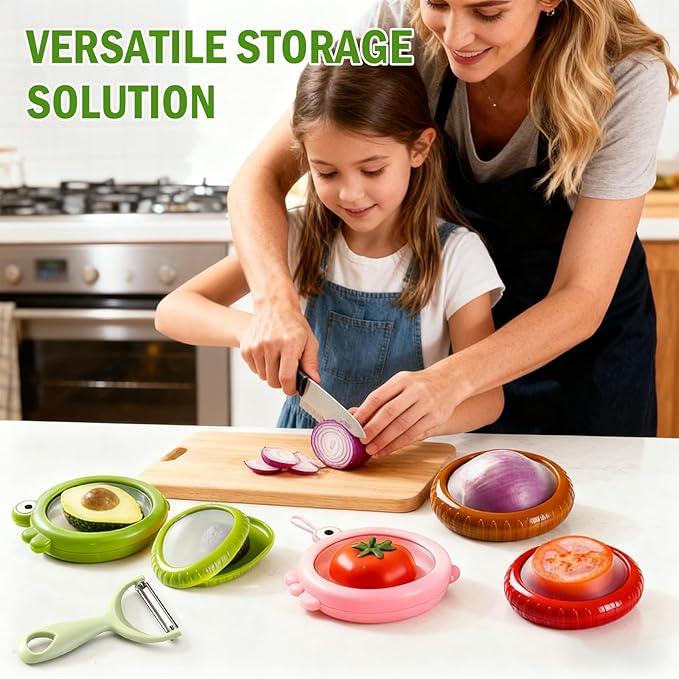 Set of 6 Fresh Food Containers with 1 Fruit Peeler, Fresh Pod, Reusable Silicone Storage Pods for Avocado, Onions, Tomatoes, Garlic – Freshness Seal for Fridge, Send Goods from Local Warehouse