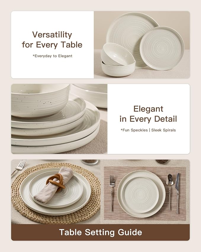24-Piece Stoneware Dinnerware Sets for 8 - Coupe Plates and Bowls with Speckles & Spirals - Chip & Scratch Resistant, Microwave & Dishwasher Safe - Farmhouse Dishes - Gift Box, Cream