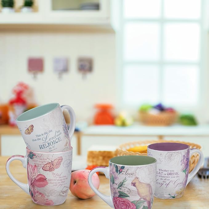Christian Art Gifts Ceramic Coffee/Tea Mug Set for Women | Vintage Botanic Floral Inspirations Design Bible Verse Mug Set | Boxed Set/4 Coffee Cups