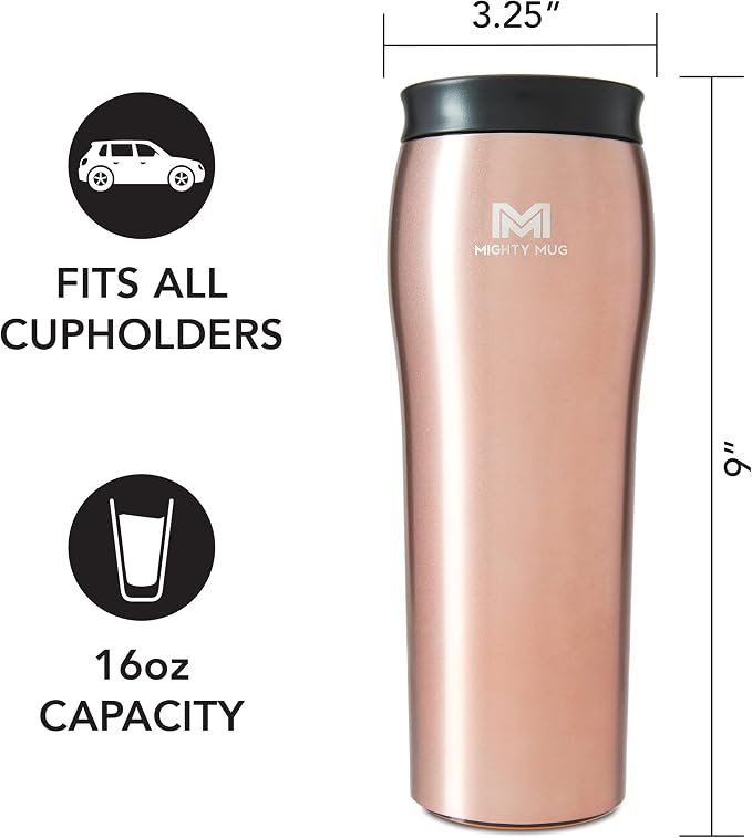 Mighty Mug | The Untippable Mug | Grips When Hit, Lifts for Sips | Insulated Stainless Steel Tumbler | Cupholder Friendly | Gifts for Women Men All | Leakproof | 6 Hour Hot / 24 Cold | 16oz | RoseGold