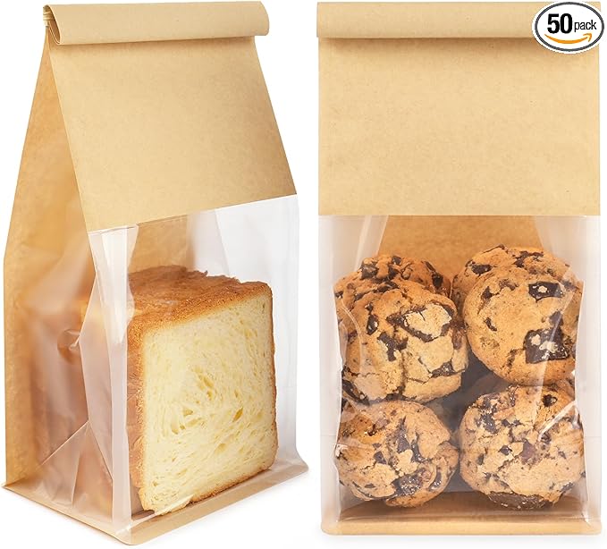 50 Pack Bakery Bags with Window, 5.1x3.9x11 Inches Tin Tie Tab Lock Resealable Cookie Bags for Packaging Bagels, Bread Loaf, Pastry, Baked Goods | Thick Material, Grease Resistant, Self Standing