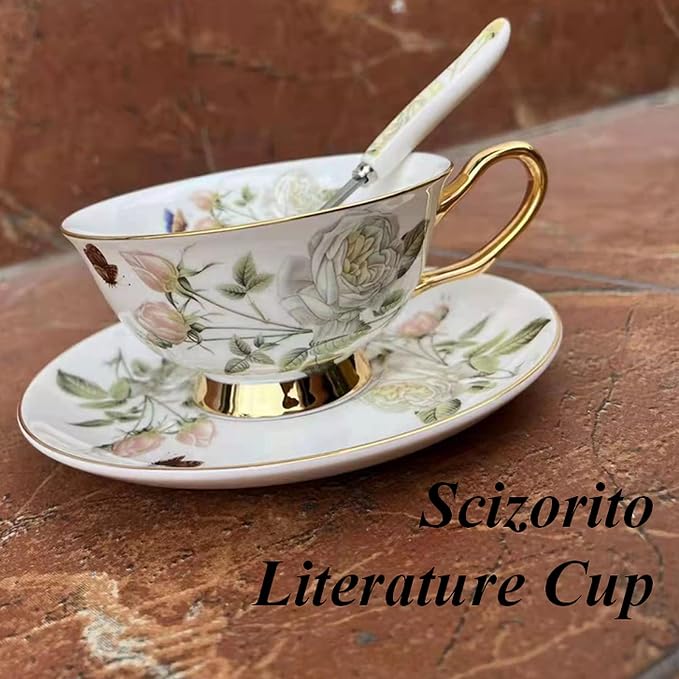 Honorable Coffee Cup Mug, Cappuccino, Tea Cup, with Saucer for Latte, Fine Bone Porcelain, Reactive Glaze, 6.8 Oz-1pcs (Elegant White Roses)