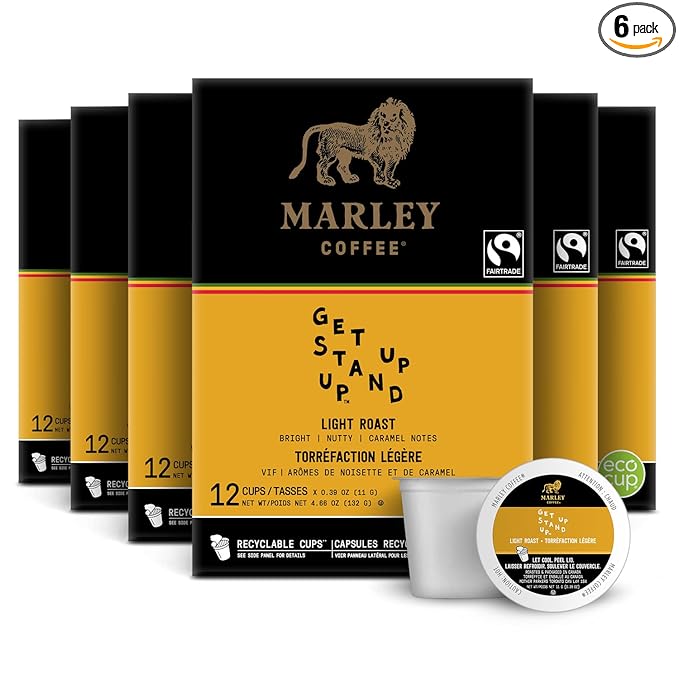 Marley Coffee Get Up Stand Up, Fairtrade Certified, Light Roast Coffee, Keurig K-Cup Brewer Compatible Pods, 12 Count (Pack of 6)