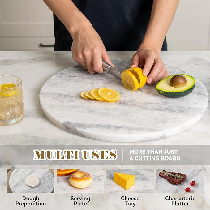 Koville Marble Cutting Board for Kitchen, 16"x16" Inches Round Stone Cutting Board, Marble Tray for Baking Charcuterie Pastry, Serving Tray for Countertop, Large Stone Slab(Azul Cristallo)